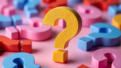 A yellow question mark stands out among other colorful question marks