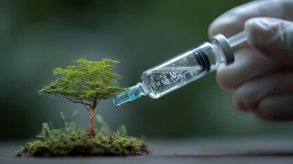 Syringe is held by gloved hand, injecting small tree, symbolizing innovative solutions for biodiversity loss and environmental conservation. scene conveys hope and scientific advancement