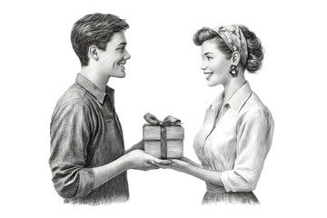 PNG Young caucasian couple exchanging gift: vintage style illustration