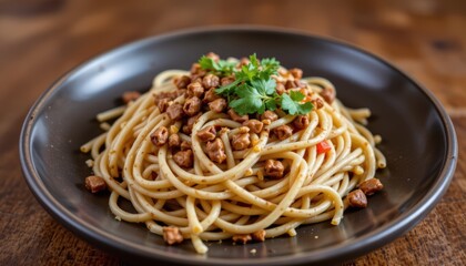 Delicious Plate of Spaghetti with Ground Meat and Fresh Coriander Garnish on Wooden Table