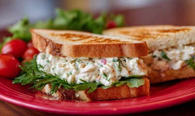 A delicious sandwich in red Plate, simple in the background, Generative AI