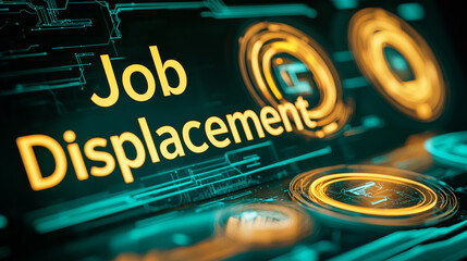 The concept of job displacement due to technology and automation, shown on a futuristic digital interface.