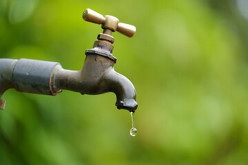 A rusty tap drips water against a green background