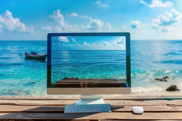 Computer Monitor on Wooden Table in Front of Blurred Sea and Boat Background