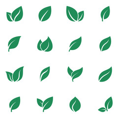 Collection of simple green leaf and sprout icons representing eco friendly, vegan, organic, and healthy concepts. Includes plant based symbols, fresh herb pictograms, and natural logotypes.