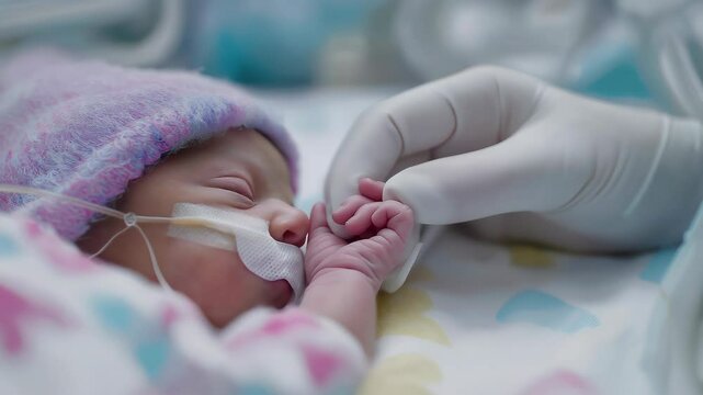 Nurse cares for premature baby in intensive care unit at hospital