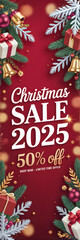 Christmas Sale 2025 50 Percent Off Red Banner Featuring 3 D Gifts Bells Ornaments Festive Greenery Gold Accents
