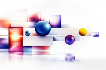 Abstract 3D render of colorful spheres and glass cubes on a white background, a modern concept for technology or business.