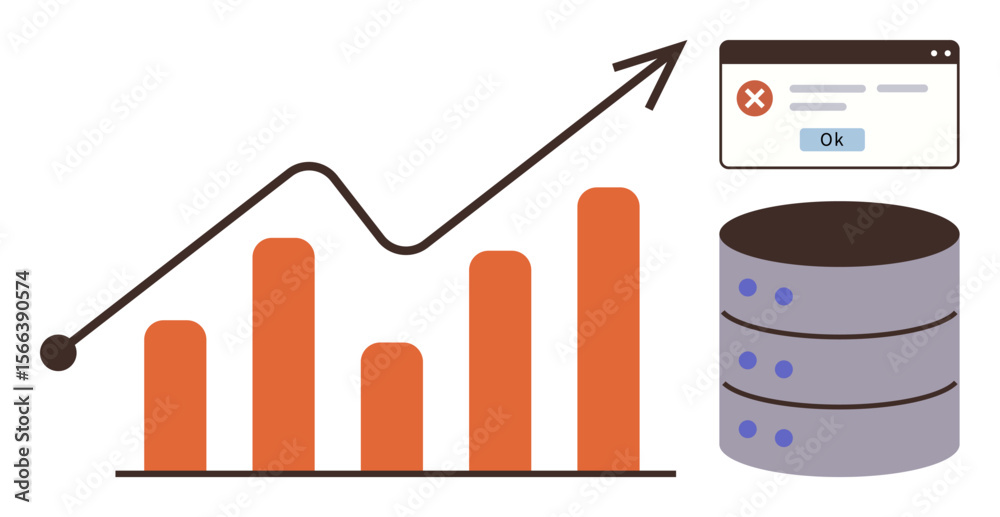 Poster rising bar chart with growth line, error popup window, and database stack. ideal for analytics, metr