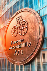 Bronze emblem for the European Accessibility Act on a modern glass building, symbolizing corporate compliance with disability law.