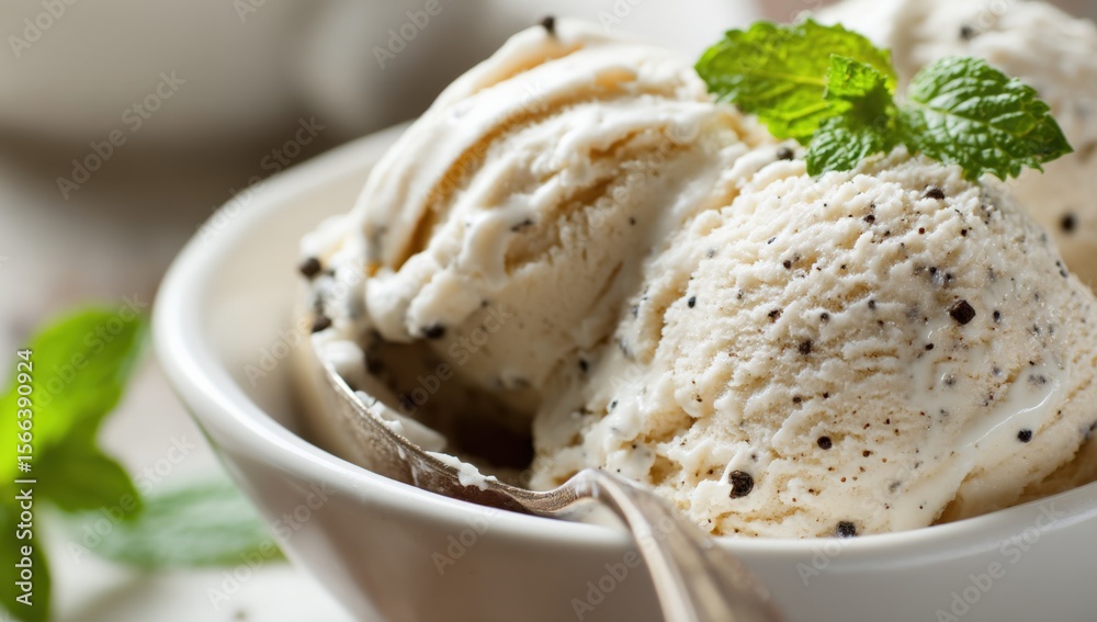 Poster Close-up of a bowl of creamy vanilla ice cream with cookie and mint garnish in a rustic setting, detailed texture and fresh appearance