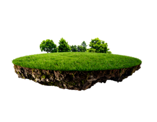 A vibrant green floating island with lush grass and small trees creates a whimsical natural landscape.