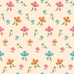 Flora seamless pattern, pretty ditsy print of hand drawn wild plants in delicate colors. Cute botanical light orange background,Blue,Pink, orange flowers, leaves, simple bouquets.Random blossom.Line