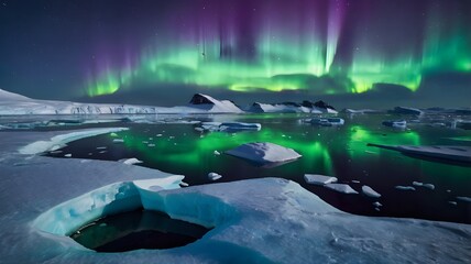 Antarctic landscape under extreme cold weather at night, with brilliant green and purple aurora australis lights dancing in the sky