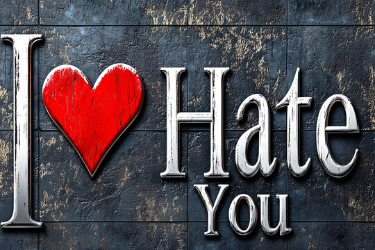 A 3d rendering of the phrase I Love Hate You on a dark textured wall, symbolizing a love-hate relationship.