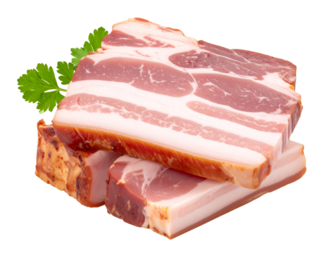 Succulent raw pork belly slices stacked neatly with fresh parsley, perfect for a hearty meal.