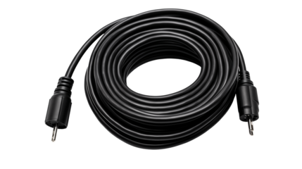 A black coaxial cable is coiled isolated on transparent background, ideal for connection concepts.