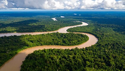 Aerial view of a meandering river flowing through a lush green rainforest. The river's brown water contrasts beautifully with the vibrant green canopy