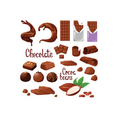 Delicious Chocolate Collection – Cocoa Beans, Bars, Swirls, and Truffles Vector Set chocolate pieces curls vector illustration