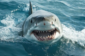 Obraz premium Great white shark with jaws open in attack mode swimming through blue ocean water. Carcharodon carcharias, surfacing with the head out of the water and the mouth wide open off.