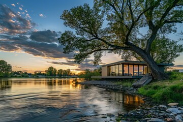 Fototapeta premium Modern cabin nestled by tranquil lake enjoys breathtaking sunset view, creating idyllic retreat