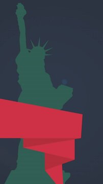 Animation of red stars and statue of liberty silhouette on black background