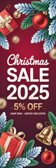 Fototapeta premium Christmas Sale 2025 Five Percent Off Red Banner Gold Bell Gift Boxes Pine Branches Ornaments 3 D Realistic Design Web Banner Poster Label