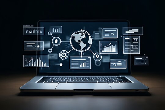 Modern laptop displaying a futuristic holographic interface with global data analytics and social media connections representing digital transformation and business intelligence