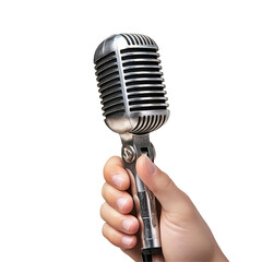 Fototapeta premium Holding a microphone against a Transparent background for a performance or presentation moment, Microphone in Hand, PNG background