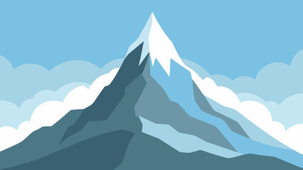 Fototapeta premium Vector illustration of a snowy mountain peak with clouds against a blue sky