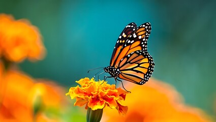 Fototapeta premium A monarch butterfly on an orange marigold