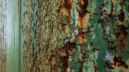 Close-up of weathered metal surface with peeling green paint and visible rust creating a rough and aged texture. - Powered by Adobe