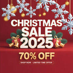 Christmas Sale 2025 Seventy Percent Off Red Banner 3 D Render Gold Bells Snowflake Gift Boxes Web Banner Poster Label Custom Size J P G Ready
