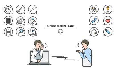 オンライン診療：医師と患者　アイコン・セット