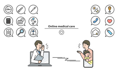 オンライン診療：医師と患者　アイコン・セット