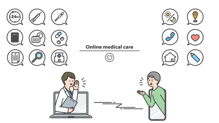 オンライン診療：医師と患者　アイコン・セット