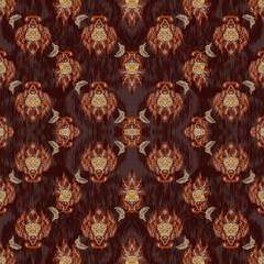 Elegant floral pattern featuring intricate designs warm tones of red, orange, and gold deep brown background, creating rich and luxurious feel