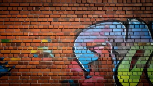 Red brick wall with abstract colorful graffiti mural, urban art pattern, surface exterior design