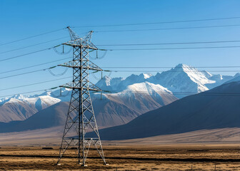 The Electrical Transmission Line High-Voltage tower in the countryside on the background of mountain with clear blue sky.