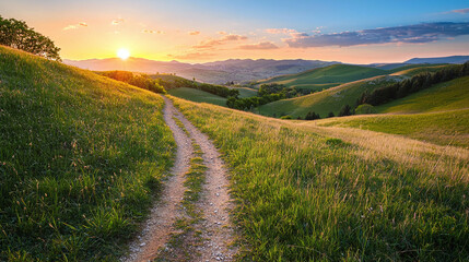 Obraz premium Small path leading into distance through grassy hills against beautiful sunset