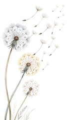 Watercolor Whimsical Dandelion Seeds Blowing Minimalist Clipart White Background