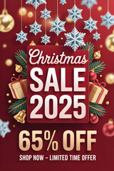 Christmas Sale2025 Sixty Five Percent Off Red Banner Web Poster3 D Design Festive Decorations Snowflakes Gifts Bells Gold Ornaments