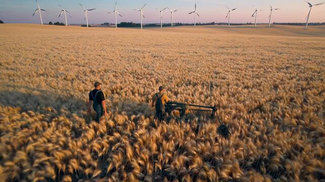 golden field stretches to horizon as tiny figures inspect rows, golden field ripples around distant wind towers, golden field promises abundant grain for resilient future, concept security ecosystem