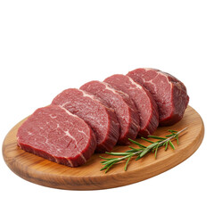 Obraz premium Fresh beef slices on wooden board with rosemary garnish 