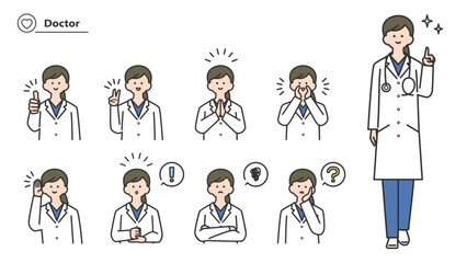 白衣を着た女性　表情とポーズのバリエーション　セット