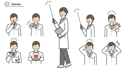 白衣を着た男性　表情とポーズのバリエーション　セット