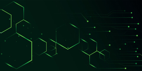 Abstract vector background. Interlacing of hexagons of various shapes with a glow effect. Technologies of the future