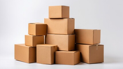 Obraz premium Neat Stacks: Brown Cardboard Boxes on White Background