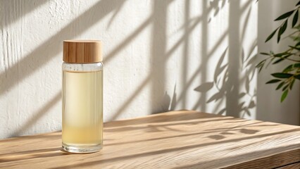 A clear glass bottle with a bamboo lid filled with a pale yellow liquid sits on a wooden surface with dappled sunlight and leaf shadows