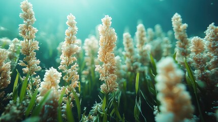 Underwater plant life displays delicate formations.